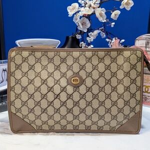 Vintage Gucci GG Supreme Monogram Clutch - Beige Coated Canvas & Brn Leather